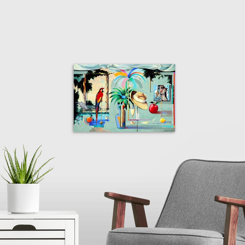 A modern room featuring Contemporary painting of the interior of a tropical island bungalow.