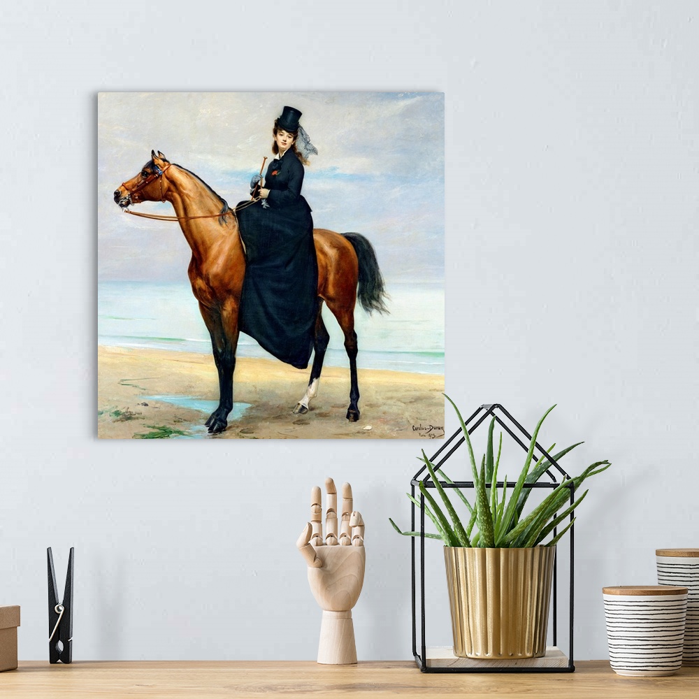 A bohemian room featuring Large painting of a woman sitting on a horse along the ocean.