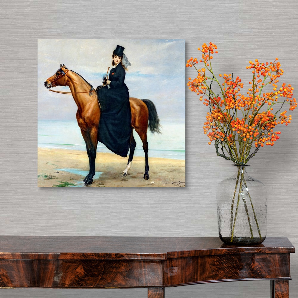 A traditional room featuring Large painting of a woman sitting on a horse along the ocean.