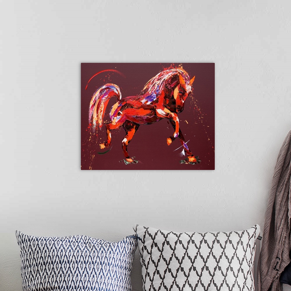 A bohemian room featuring Contemporary painting of a horse using warm colors.