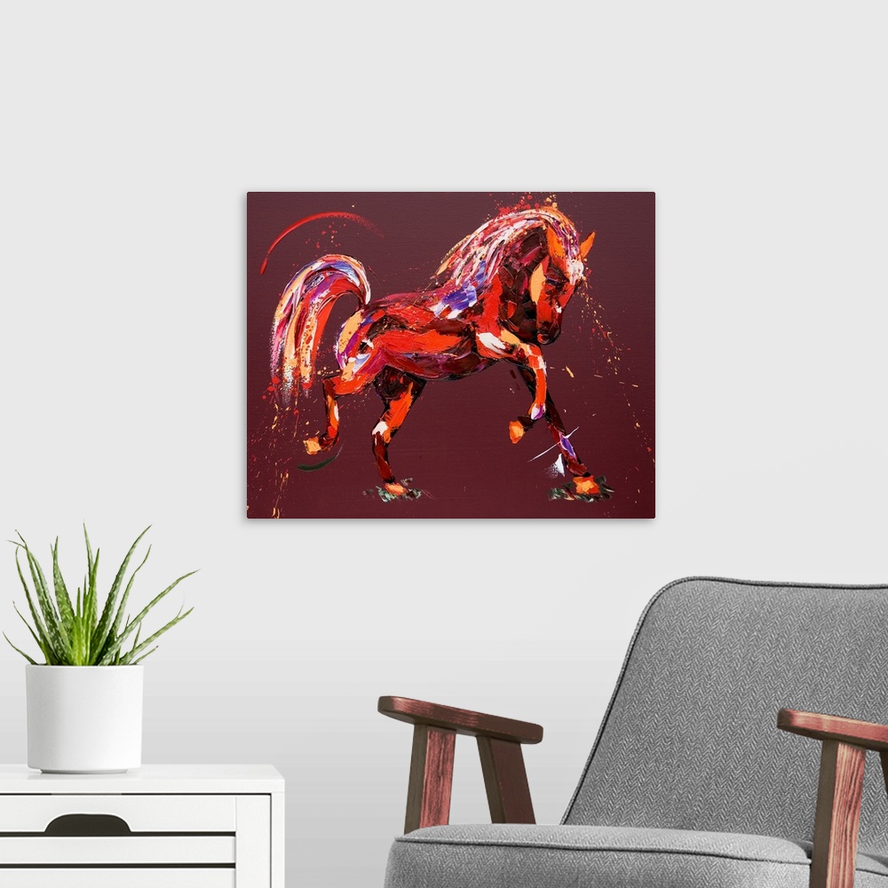 A modern room featuring Contemporary painting of a horse using warm colors.