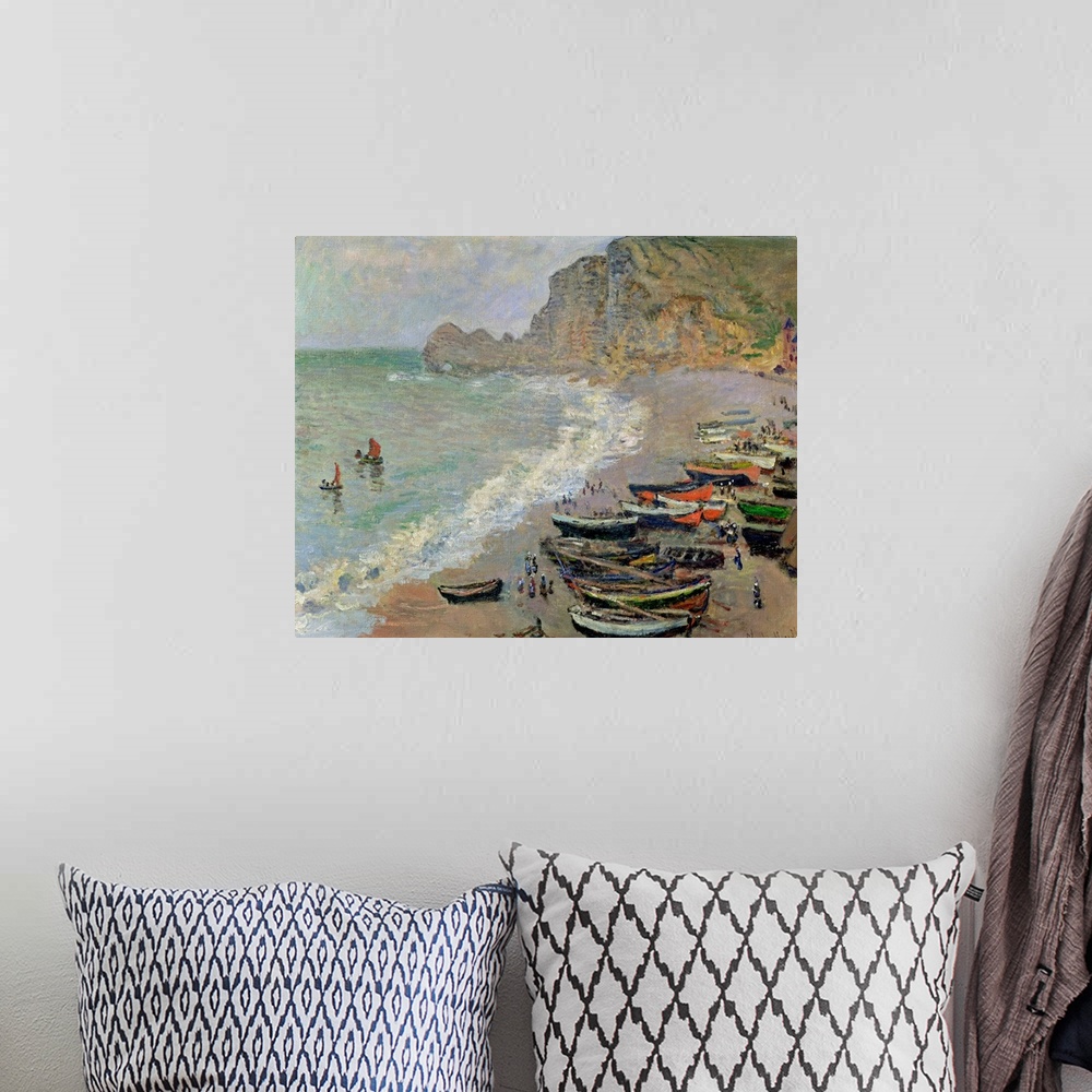 A bohemian room featuring Classical oil painting on canvas of a lot of boats resting on a beach and two floating in the ocean.