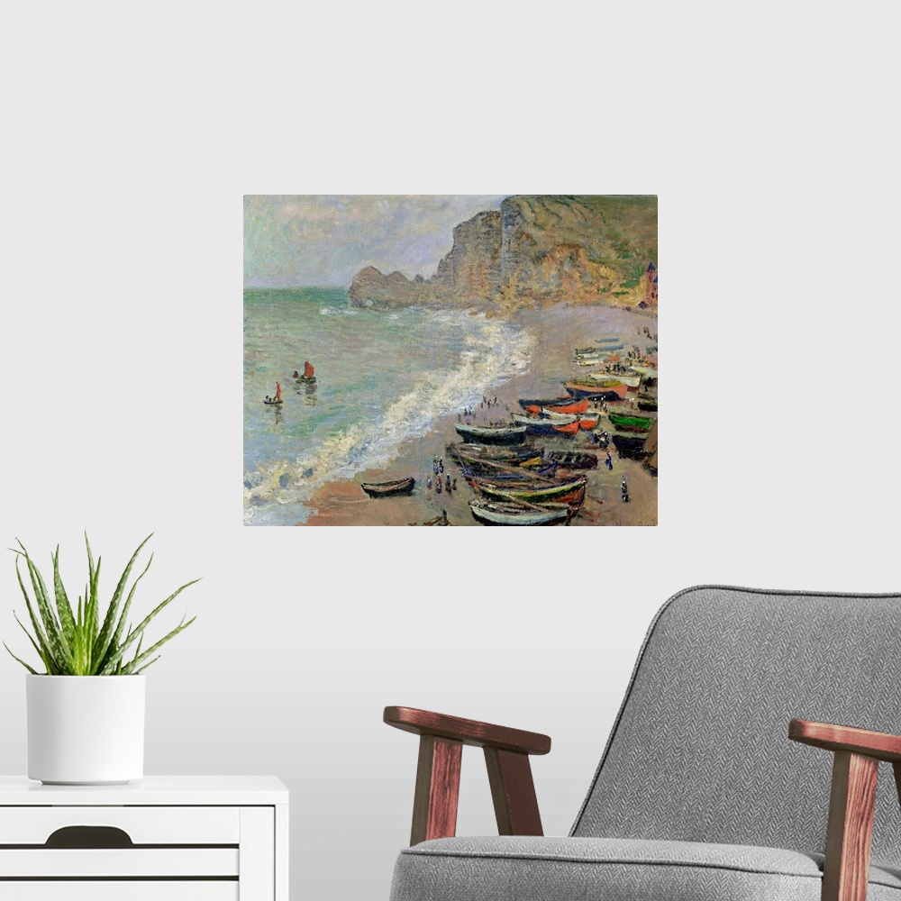 A modern room featuring Classical oil painting on canvas of a lot of boats resting on a beach and two floating in the ocean.