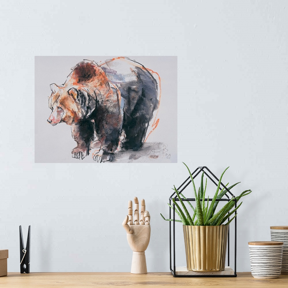 A bohemian room featuring Charcoal sketch drawing of a giant brown bear on all four legs.
