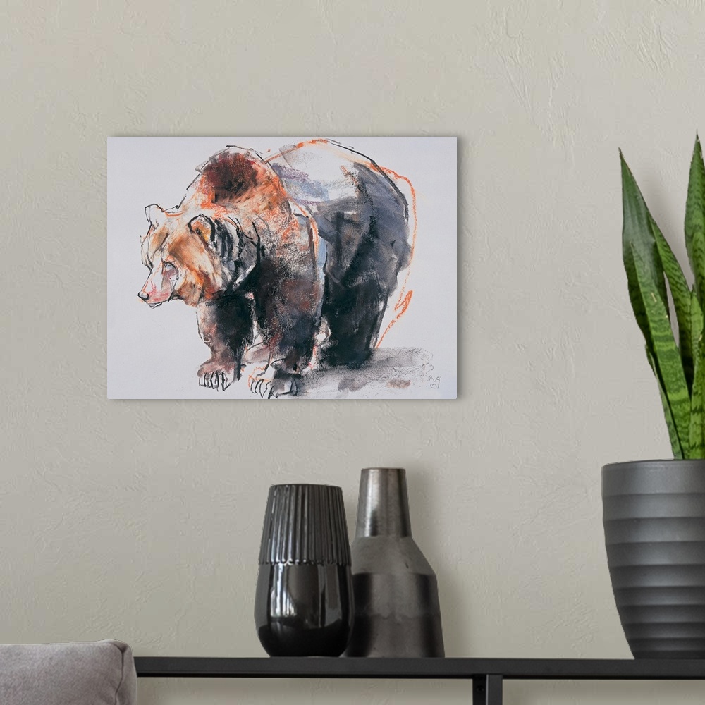 A modern room featuring Charcoal sketch drawing of a giant brown bear on all four legs.