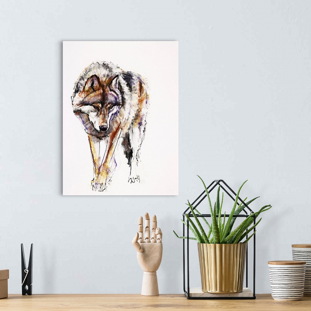 A bohemian room featuring Contemporary illustration of an adult wolf, walking forward, minimally colored with natural tones...