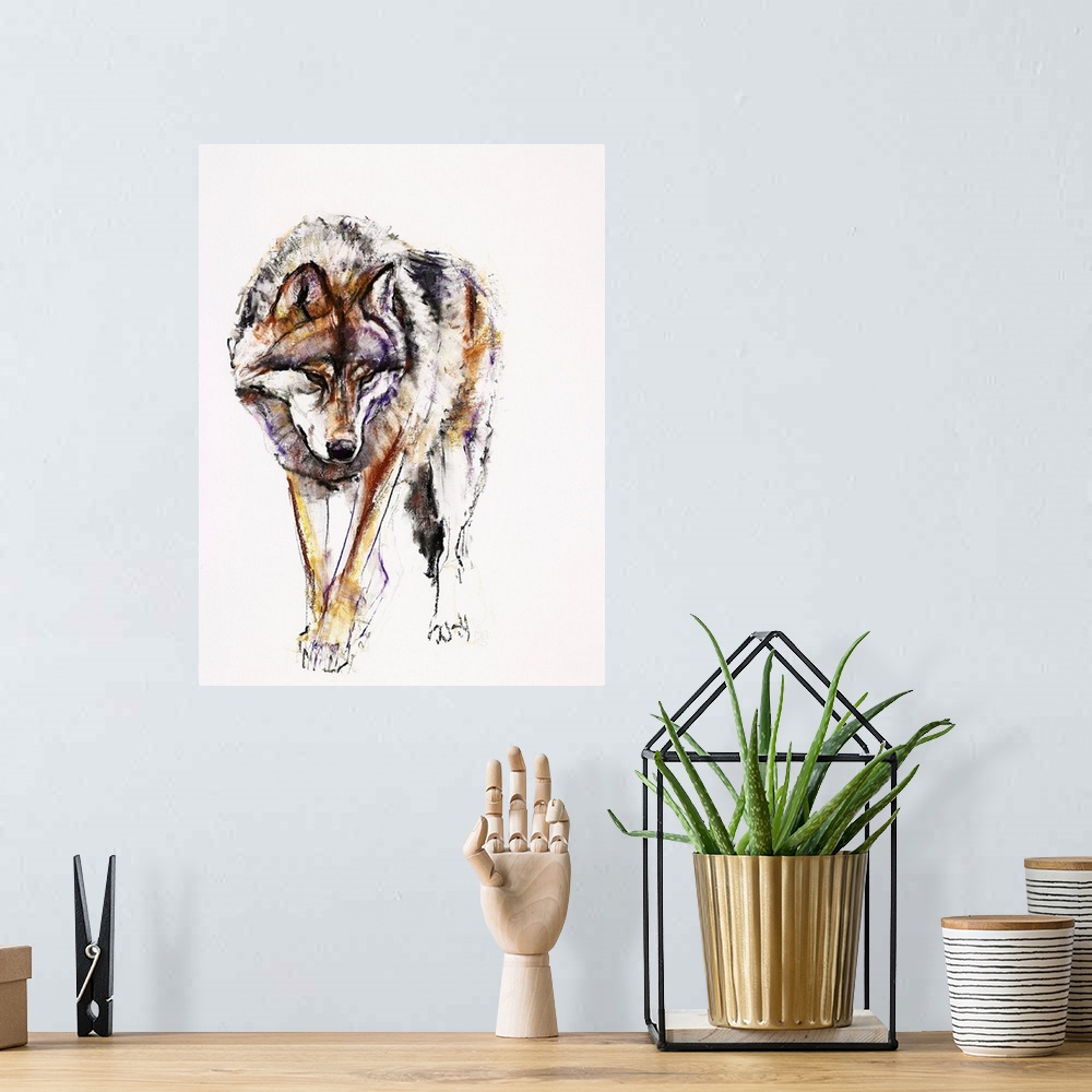 A bohemian room featuring Contemporary illustration of an adult wolf, walking forward, minimally colored with natural tones...