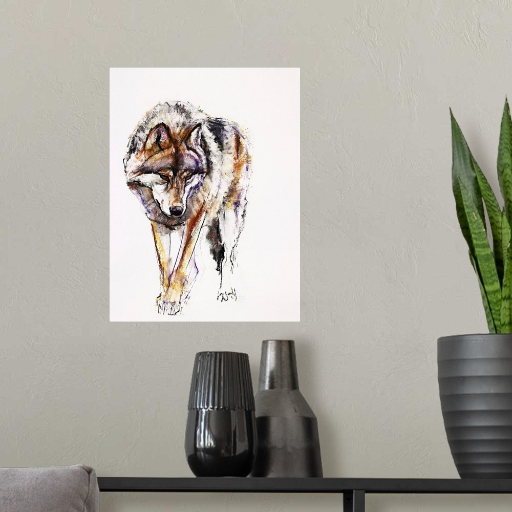 A modern room featuring Contemporary illustration of an adult wolf, walking forward, minimally colored with natural tones...