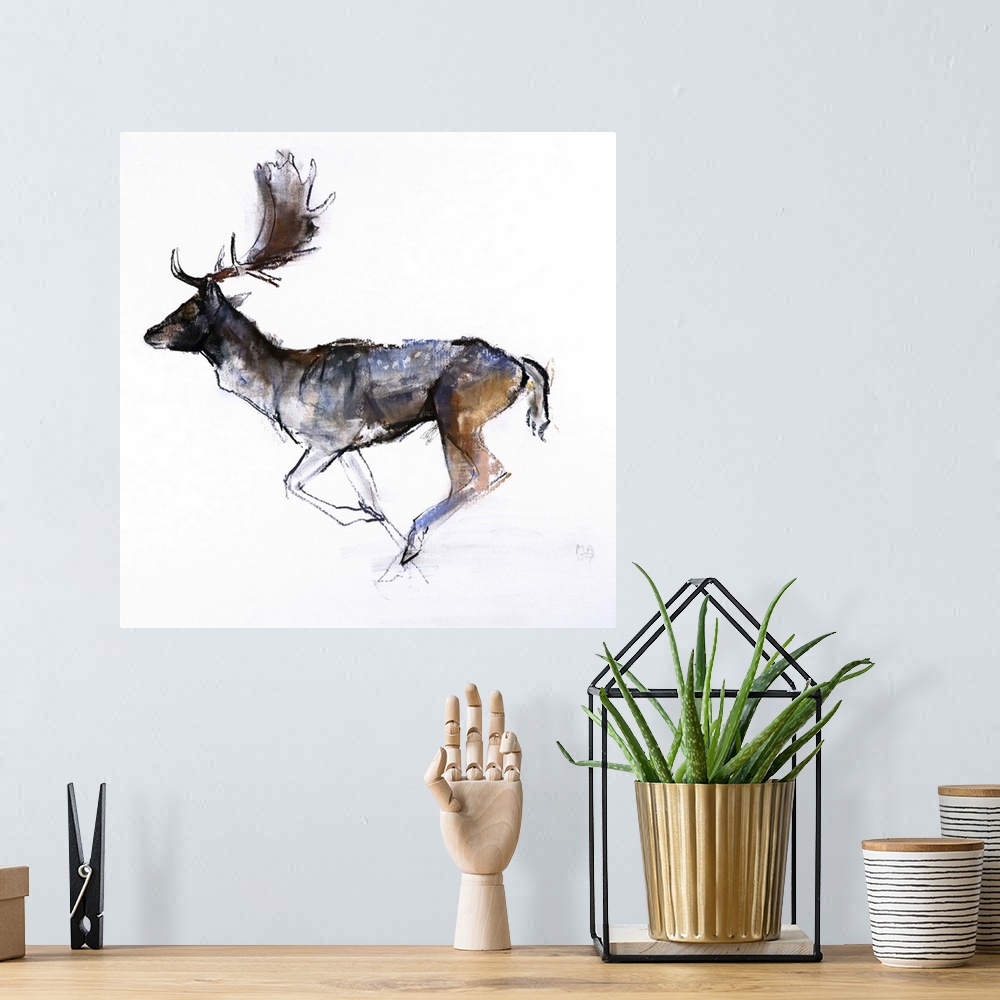 A bohemian room featuring Contemporary artwork of a fallow deer running against a white background.