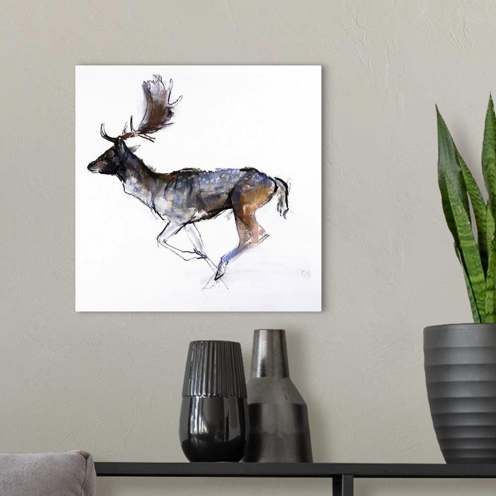 A modern room featuring Contemporary artwork of a fallow deer running against a white background.