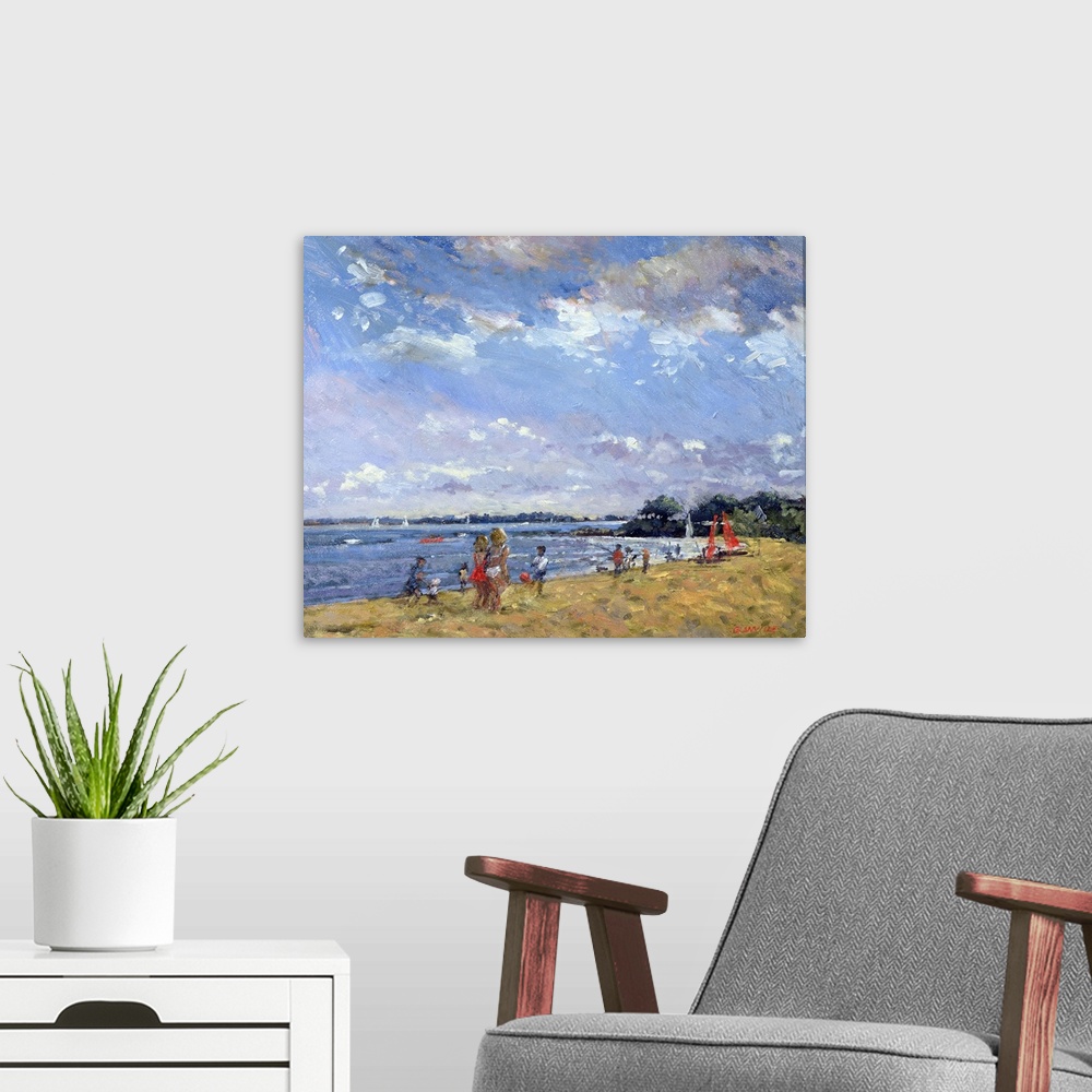 A modern room featuring Contemporary painting of people playing on the beach in the summer.