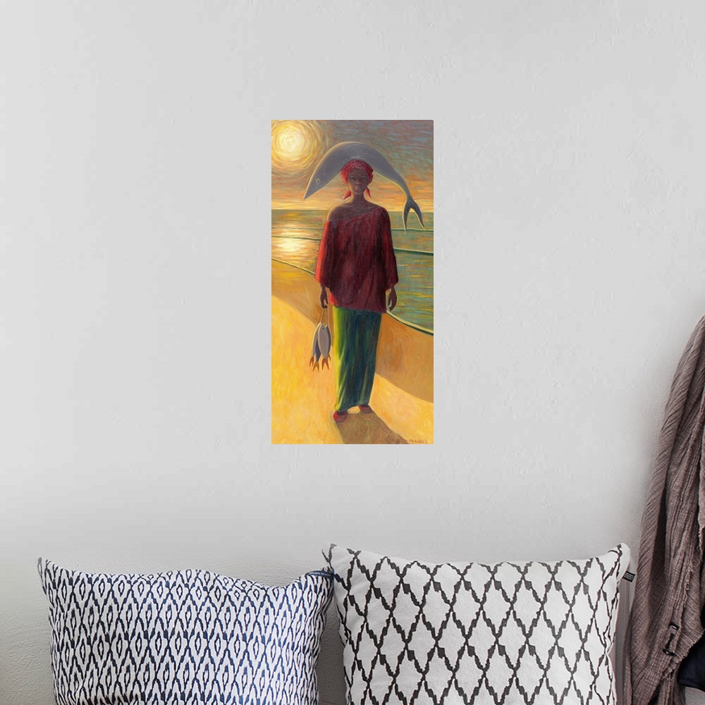 A bohemian room featuring Oil painting of woman standing on beach balancing a fish on her head with a string of dead fish i...