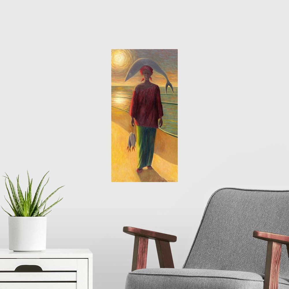 A modern room featuring Oil painting of woman standing on beach balancing a fish on her head with a string of dead fish i...