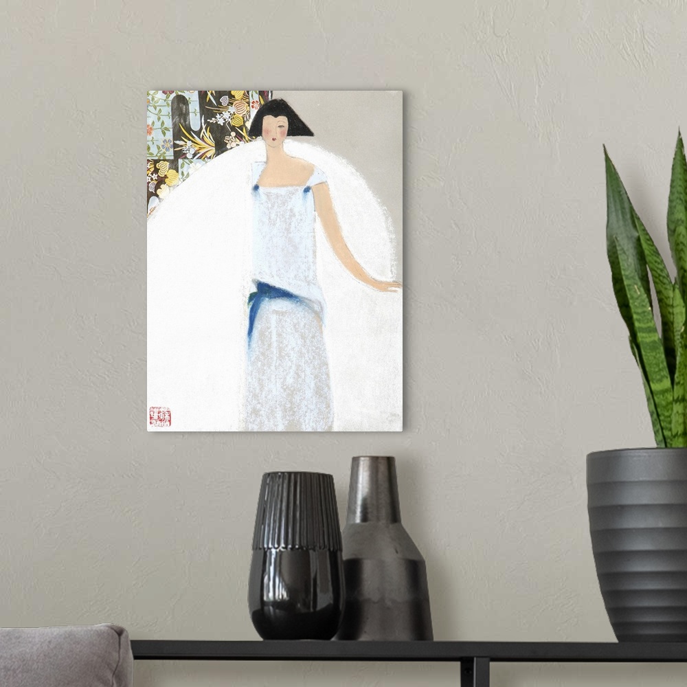 A modern room featuring Contemporary painting of a woman in a pale blue dress.