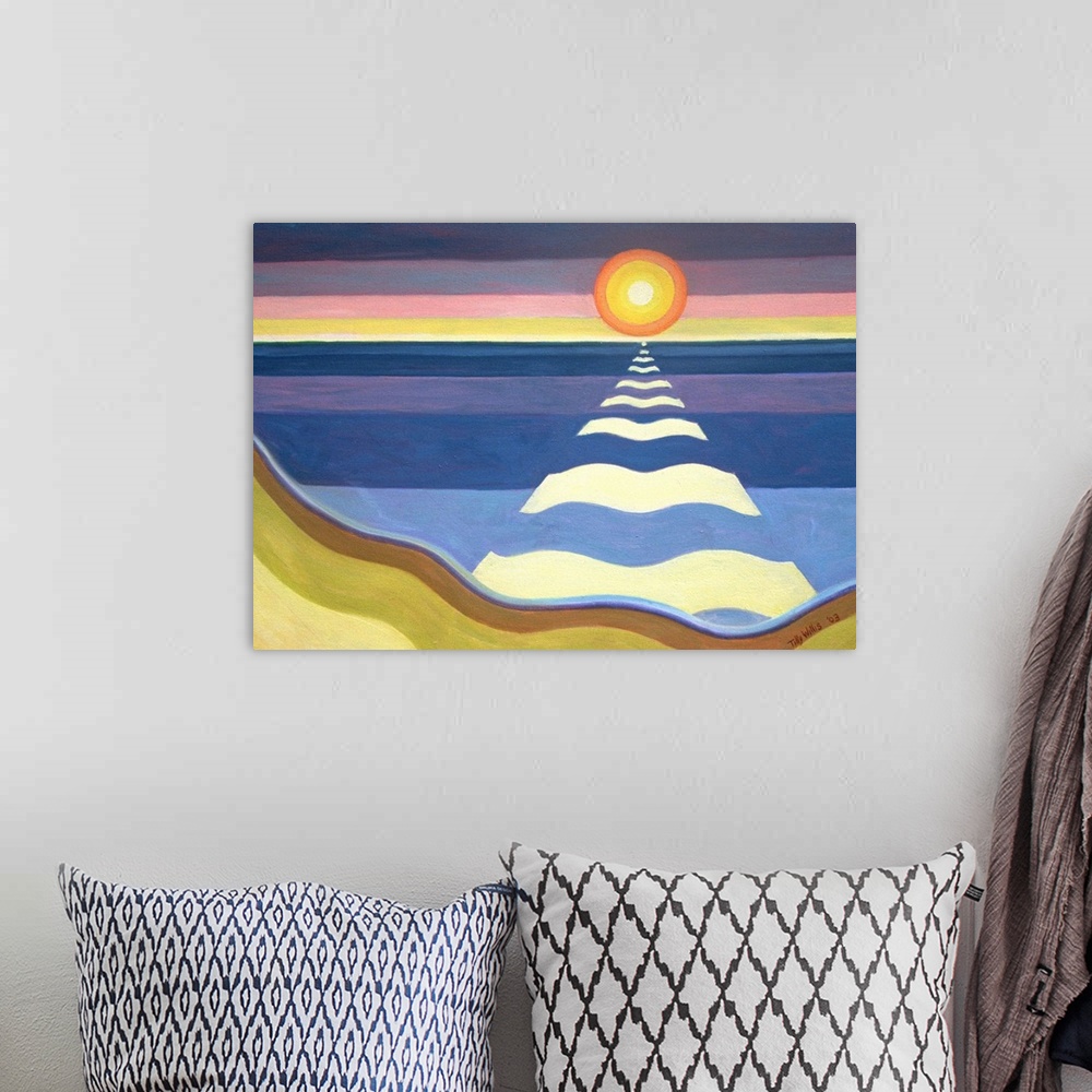 A bohemian room featuring An oil painting of a setting sun creating a pathway from it's rays on to the water and beach.