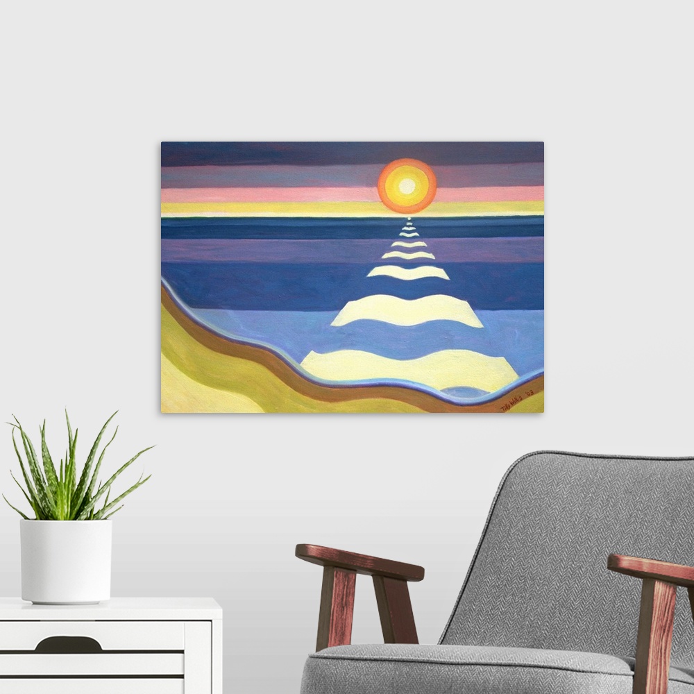 A modern room featuring An oil painting of a setting sun creating a pathway from it's rays on to the water and beach.