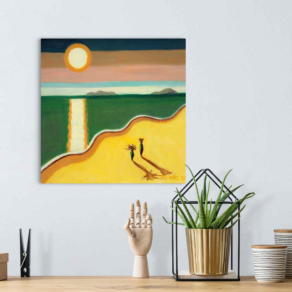 A bohemian room featuring Contemporary artwork of two figures on the beach with the sun reflected in the ocean.