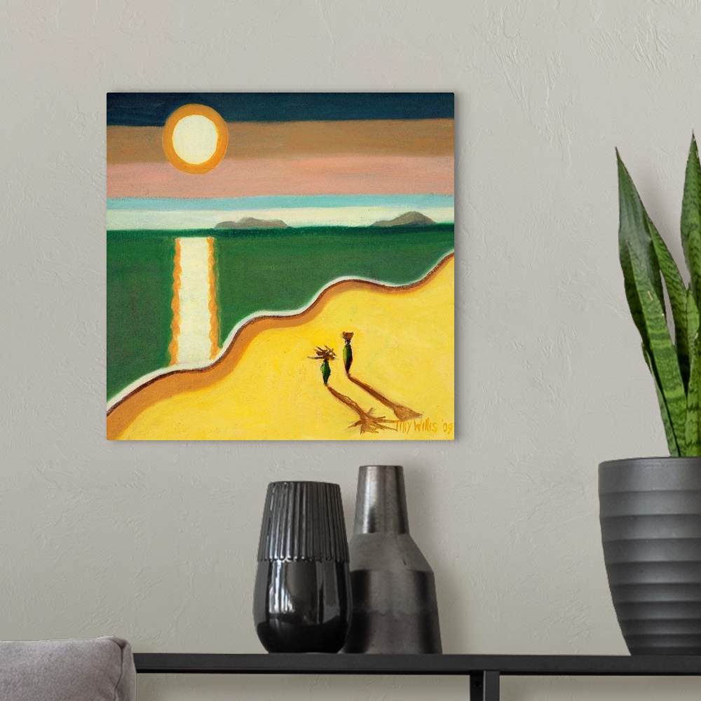 A modern room featuring Contemporary artwork of two figures on the beach with the sun reflected in the ocean.