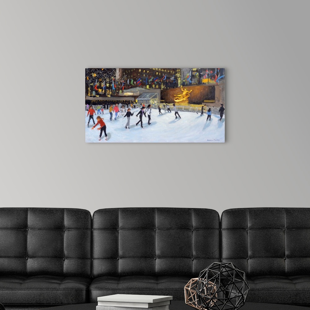 A modern room featuring Evening,Rockerfeller Ice Rink,New York, (oil on canvas)