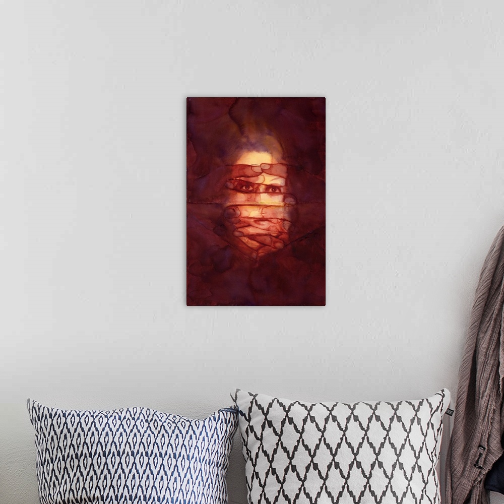 A bohemian room featuring Contemporary abstract painting of a face covered by overlapping fingers.