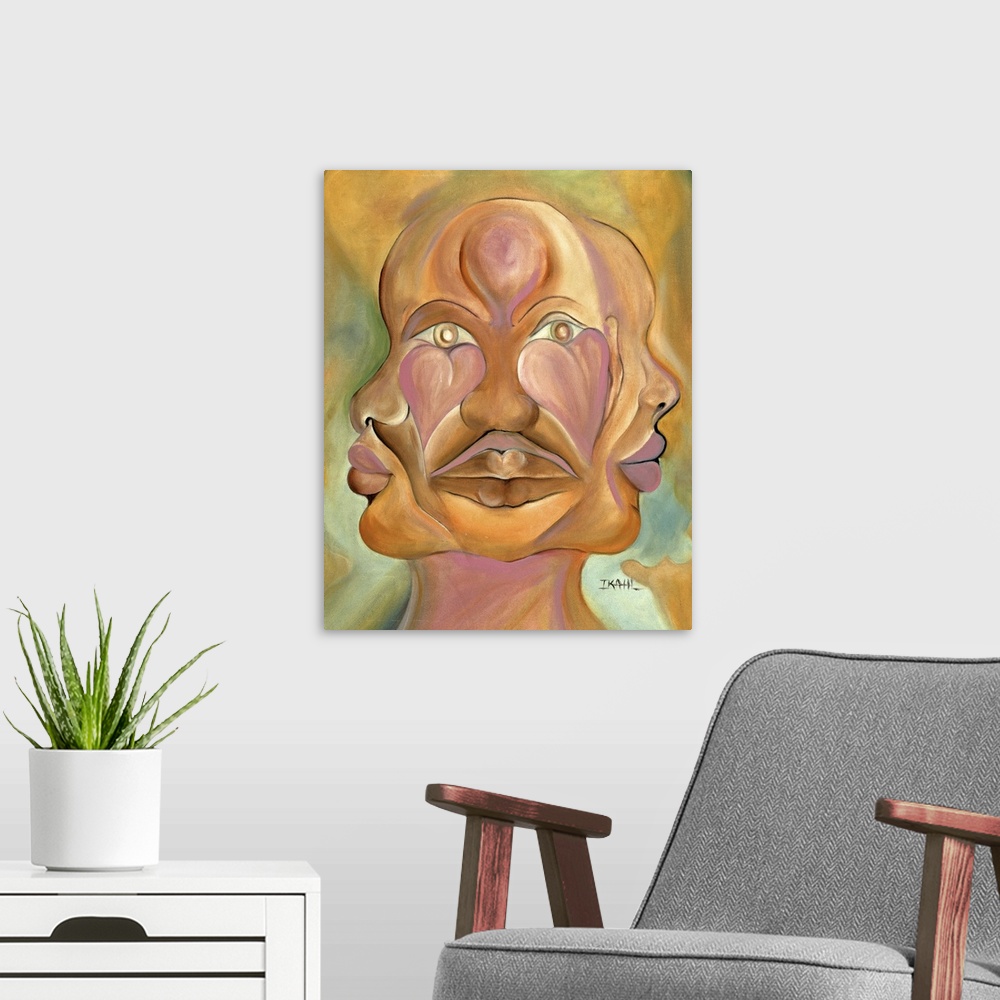 A modern room featuring Surreal contemporary artwork of a group of human faces melded together, symbolizing unity and int...