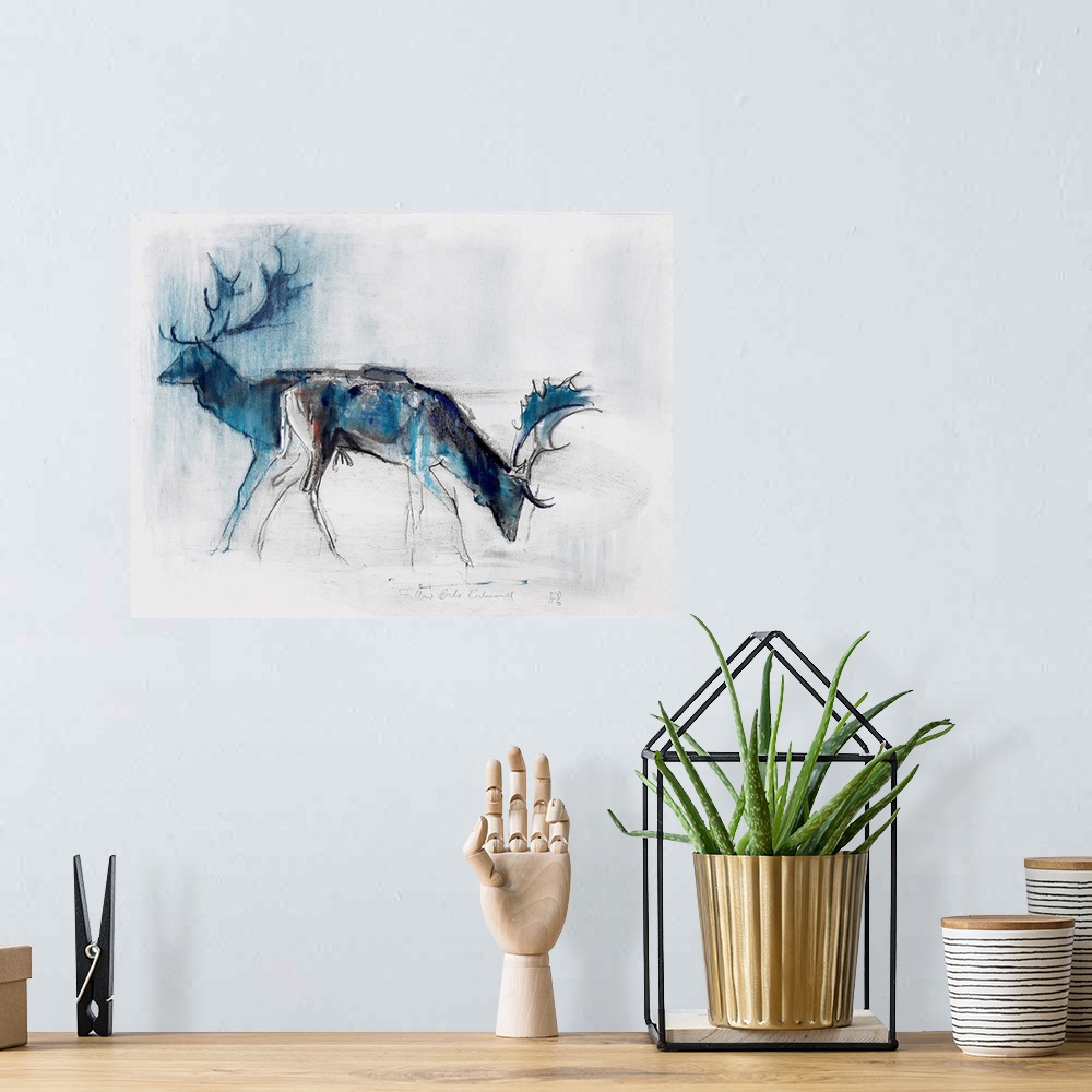 A bohemian room featuring Charcoal drawing of two deer silhouettes.