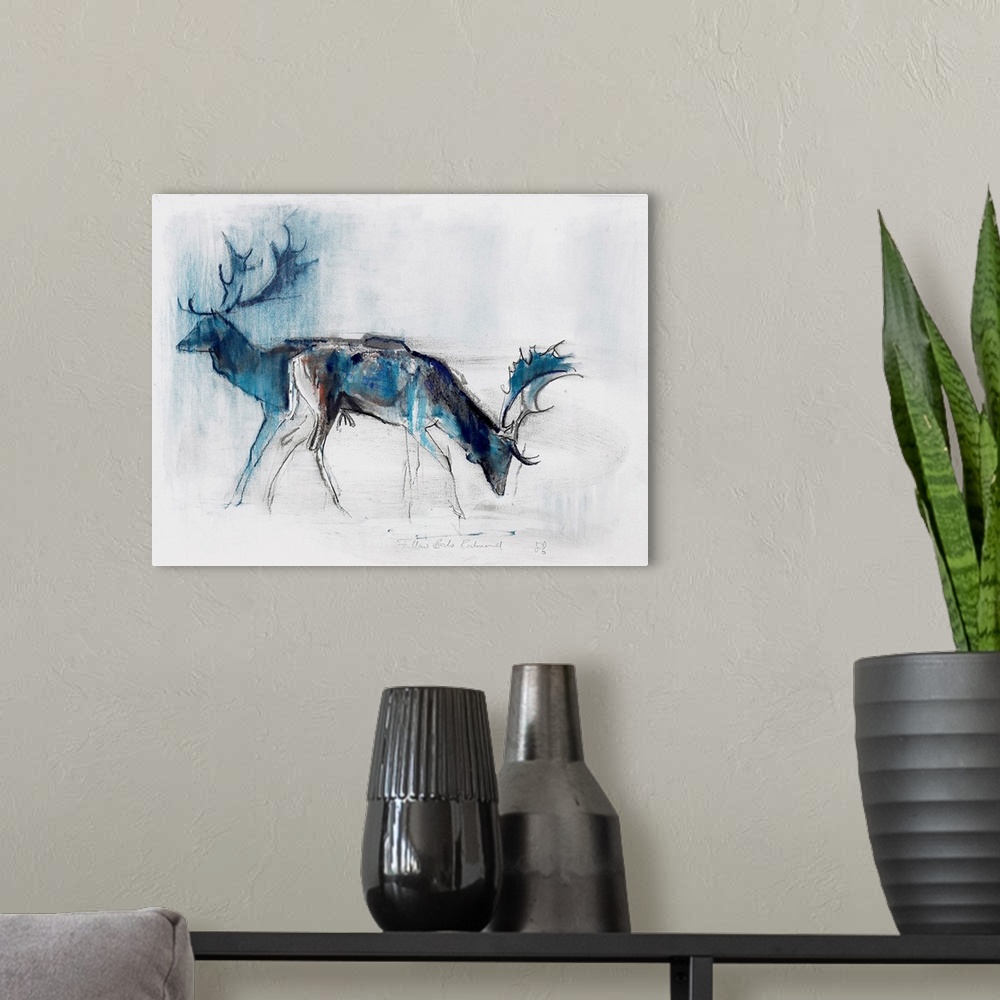 A modern room featuring Charcoal drawing of two deer silhouettes.