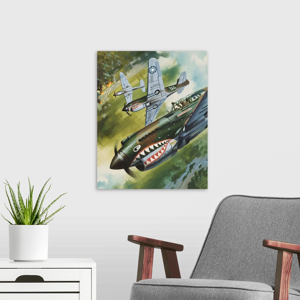 A modern room featuring Famous Aircraft and Their Pilots: The Curtiss P.40 -- Major Chennault.