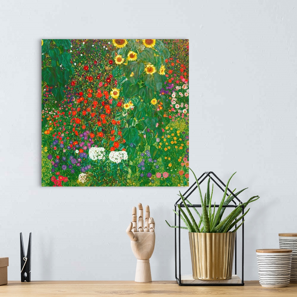 A bohemian room featuring This square painting depicts a densely packed garden filled with towering sunflowers and multicol...