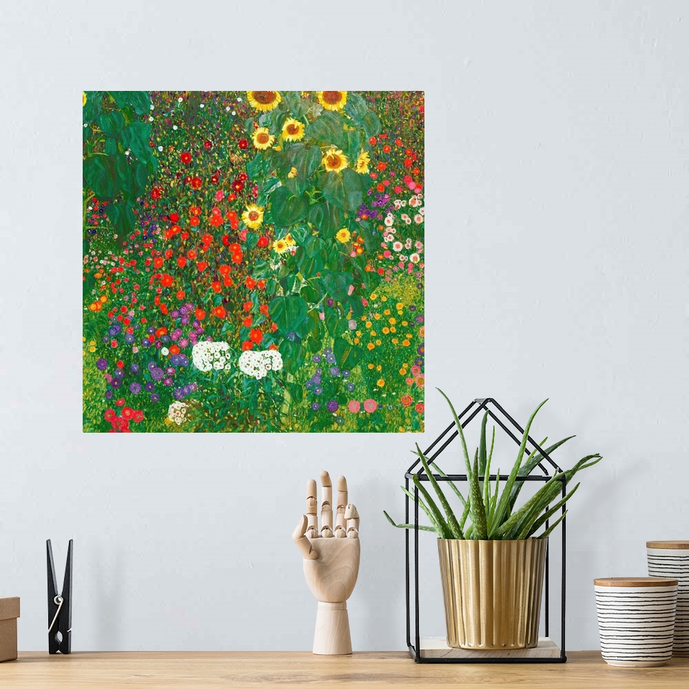 A bohemian room featuring This square painting depicts a densely packed garden filled with towering sunflowers and multicol...