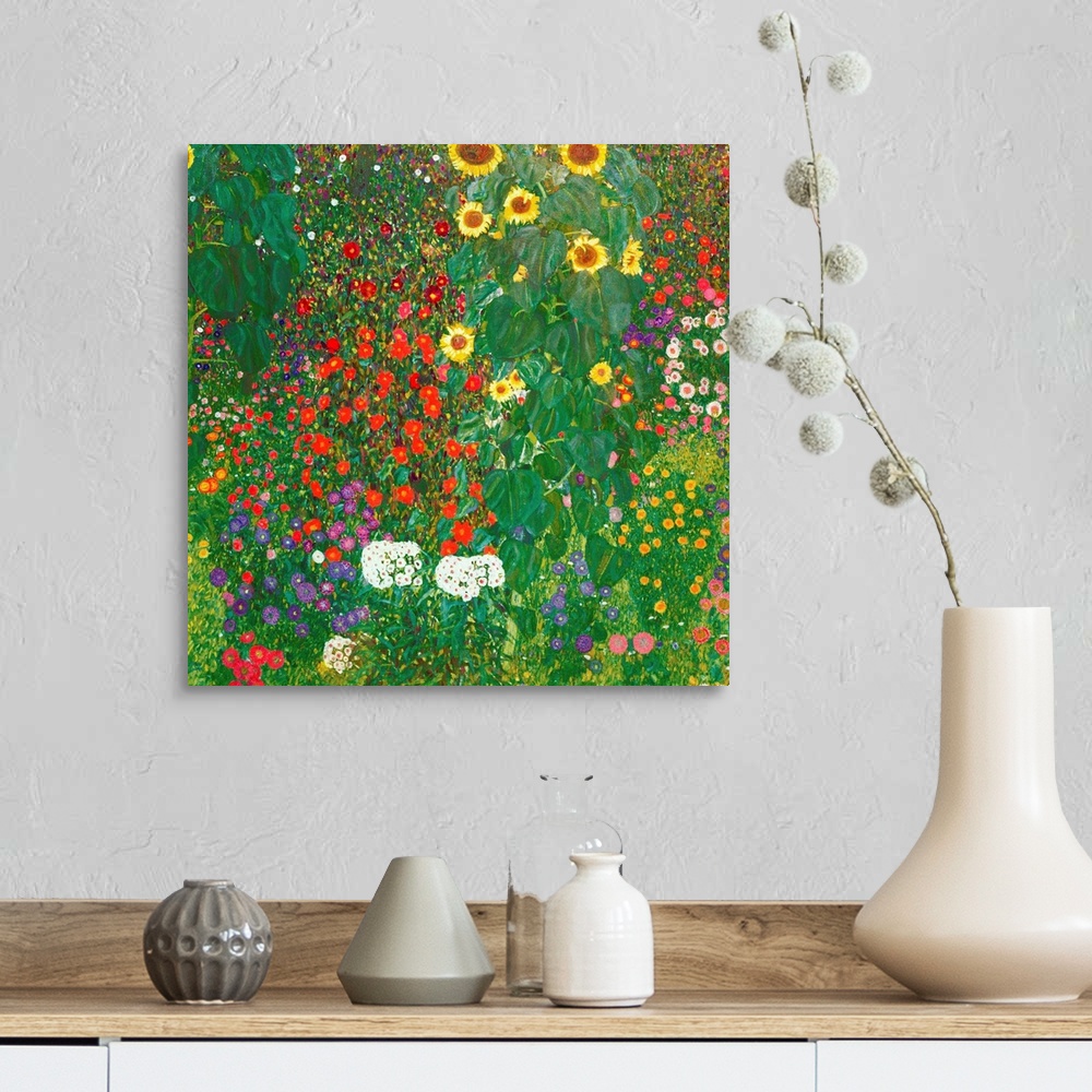 A farmhouse room featuring This square painting depicts a densely packed garden filled with towering sunflowers and multicol...