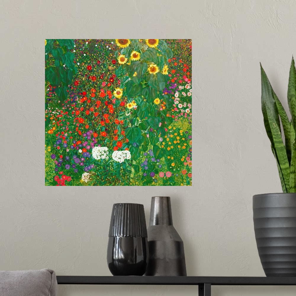 A modern room featuring This square painting depicts a densely packed garden filled with towering sunflowers and multicol...