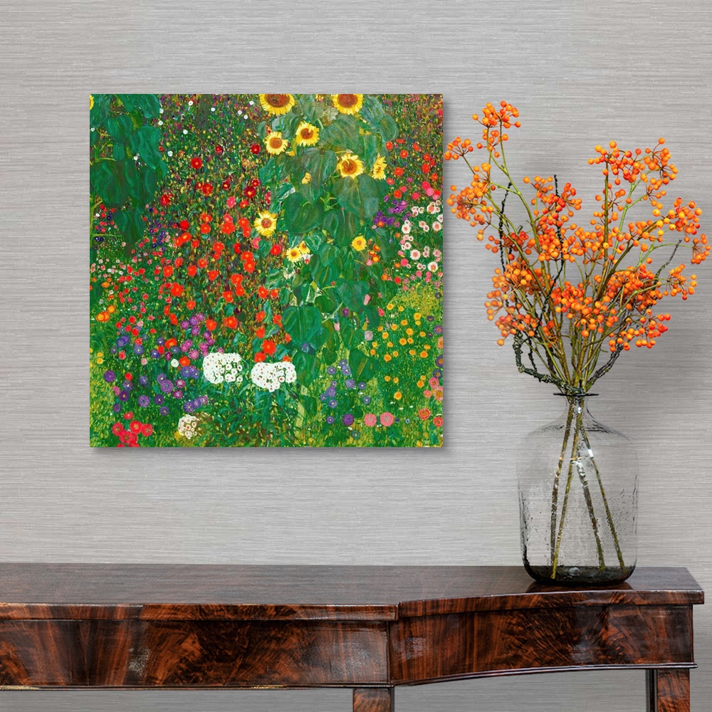 A traditional room featuring This square painting depicts a densely packed garden filled with towering sunflowers and multicol...
