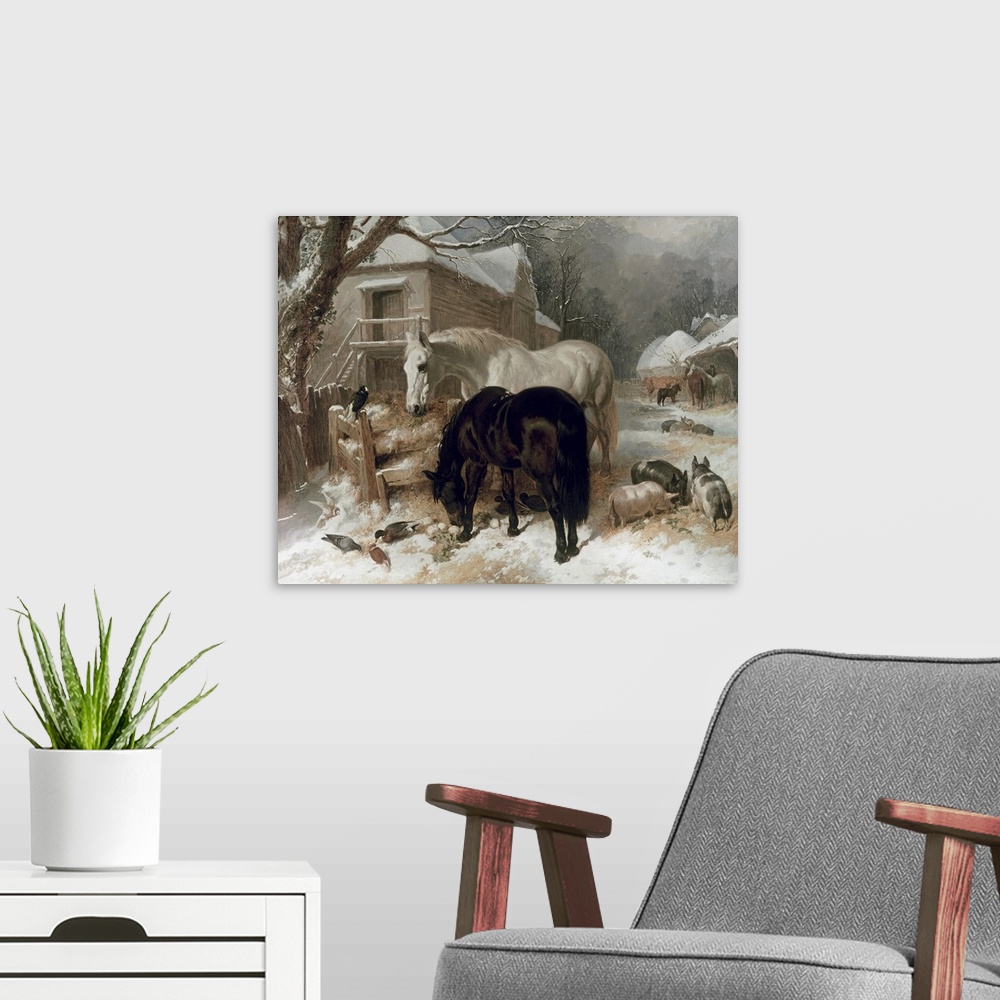 A modern room featuring Landscape artwork on a large wall hanging of a snow covered farmyard with several small buildings...