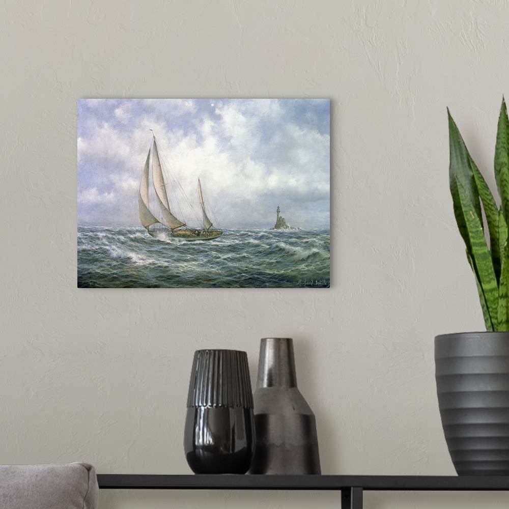 A modern room featuring A large artwork piece of a sailboat in rough waters with a cloudy sky behind it and a lighthouse ...