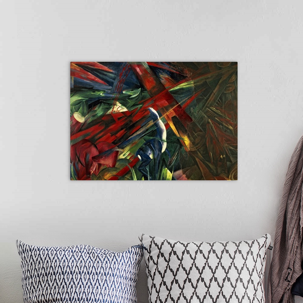 A bohemian room featuring Giant abstract art includes a collage of different wildlife ranging from horses to foxes.  Artist...