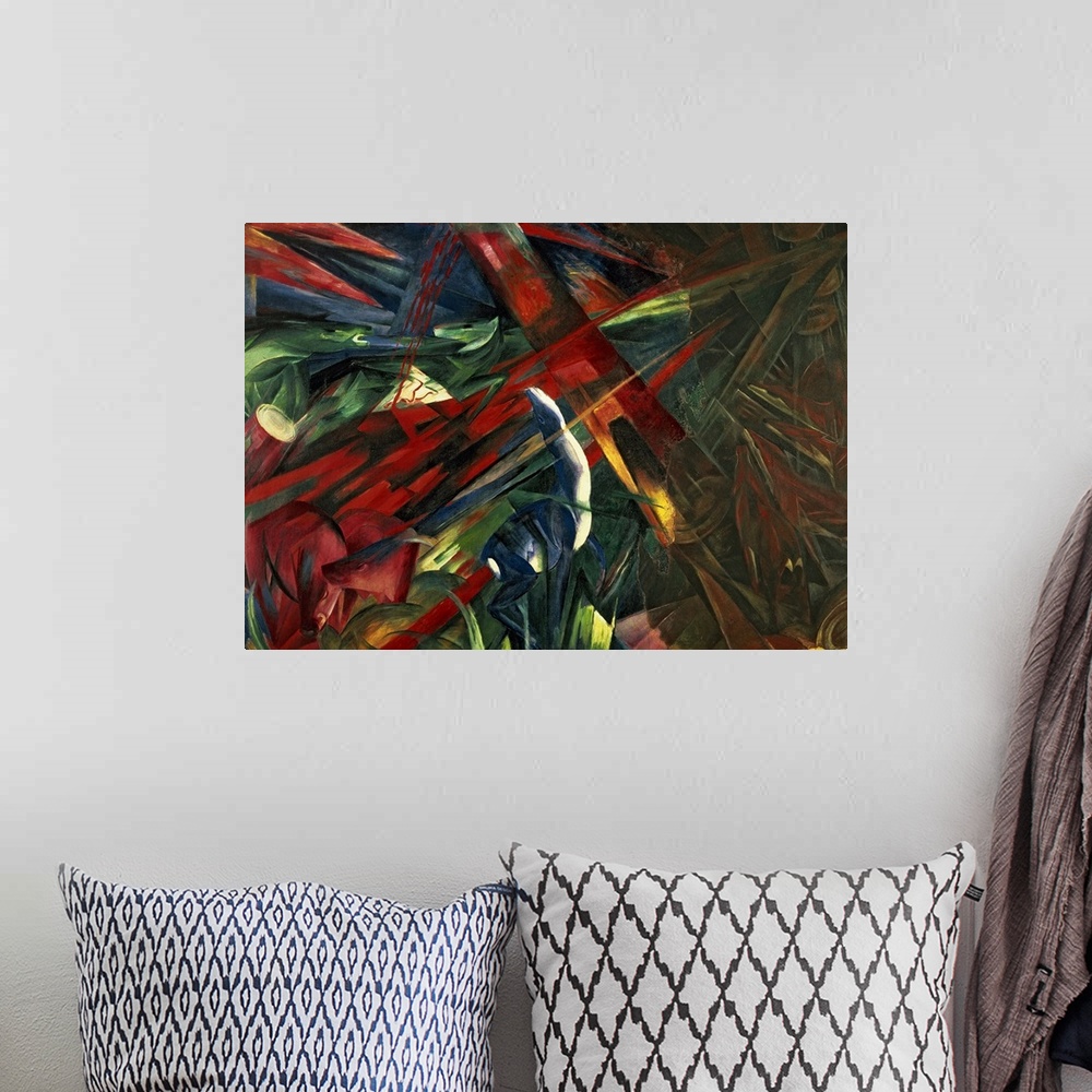 A bohemian room featuring Giant abstract art includes a collage of different wildlife ranging from horses to foxes.  Artist...
