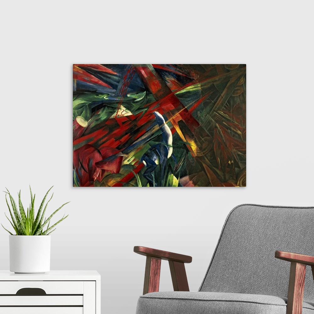 A modern room featuring Giant abstract art includes a collage of different wildlife ranging from horses to foxes.  Artist...