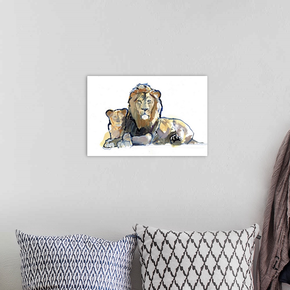 A bohemian room featuring Contemporary painting of a lion and his cub with indigo outlines on a white background.