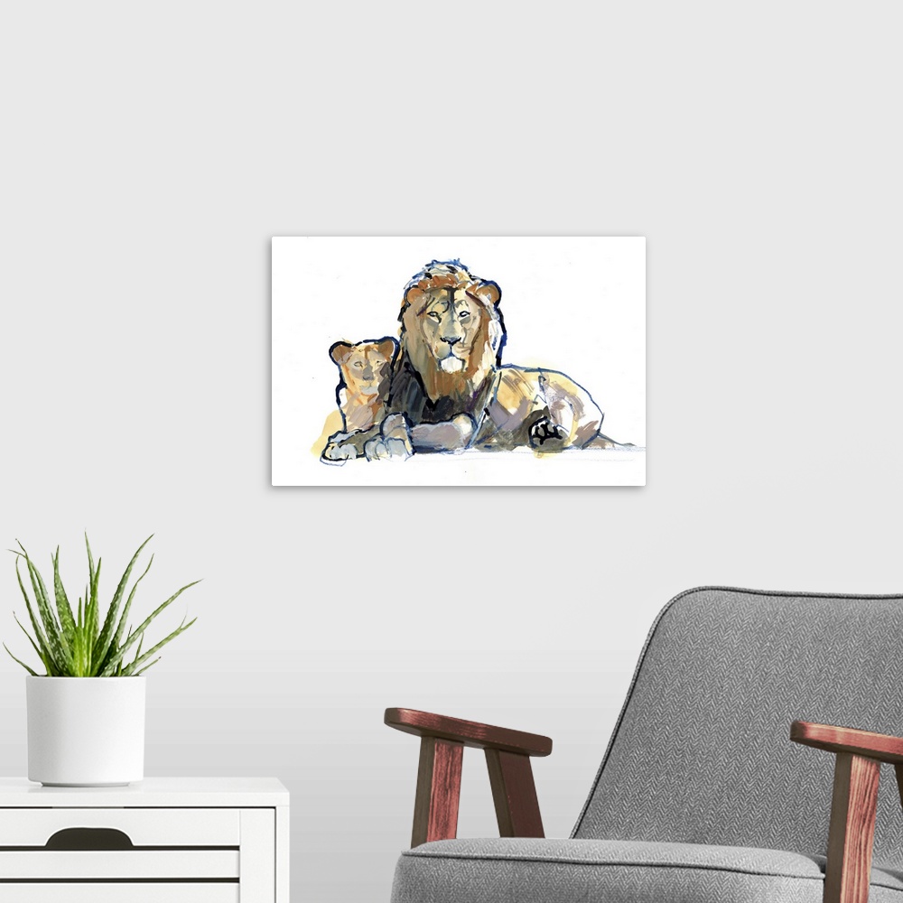 A modern room featuring Contemporary painting of a lion and his cub with indigo outlines on a white background.
