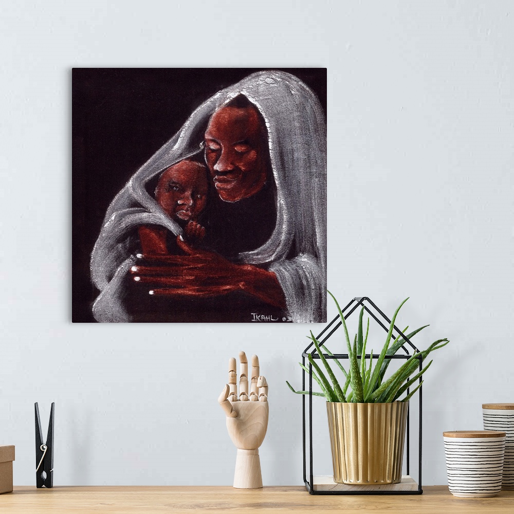 A bohemian room featuring Oil painting of a father and son huddled together under a blanket.