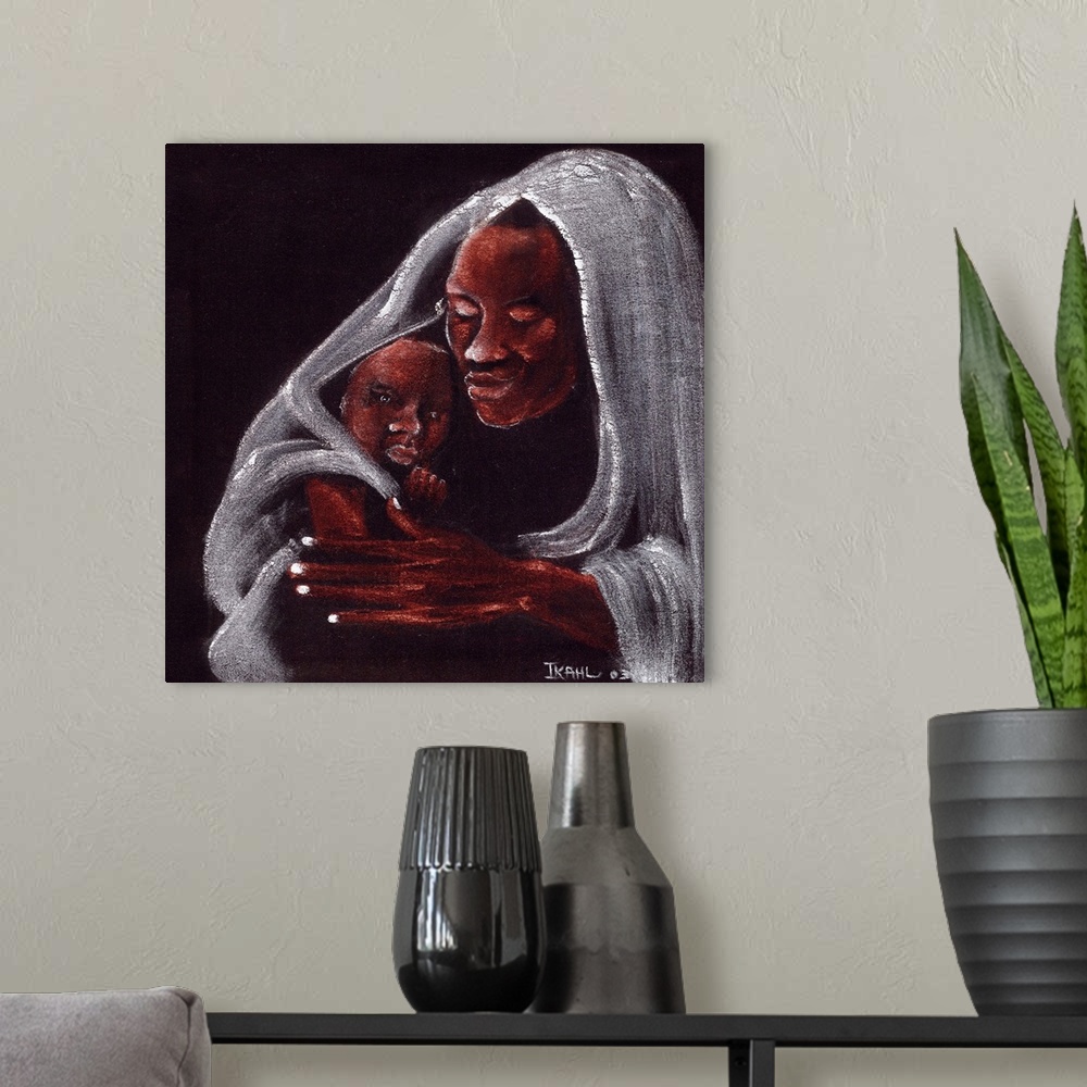 A modern room featuring Oil painting of a father and son huddled together under a blanket.
