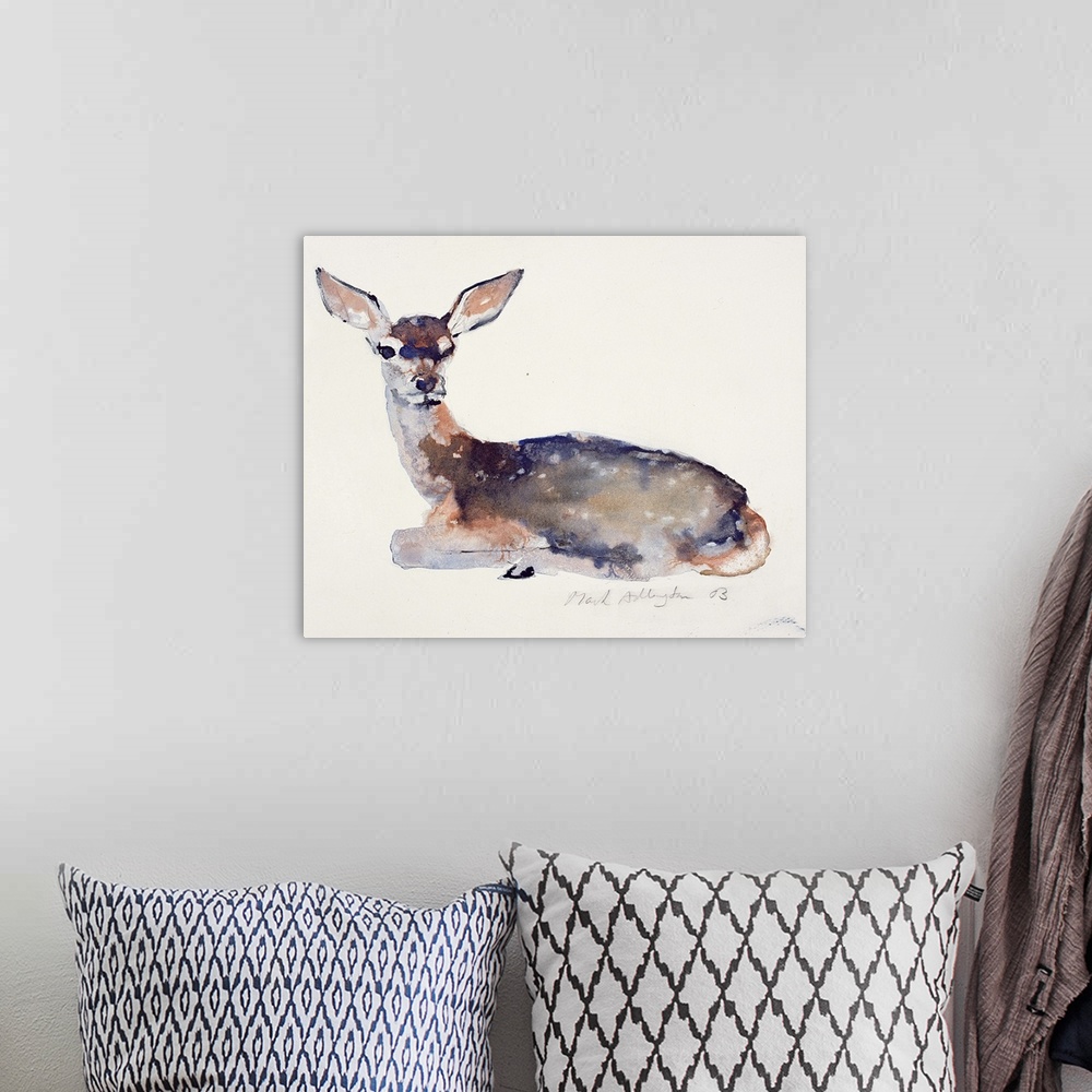 A bohemian room featuring Contemporary wildlife painting of a young deer resting.