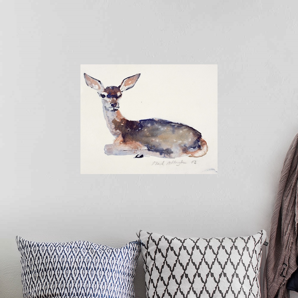 A bohemian room featuring Contemporary wildlife painting of a young deer resting.