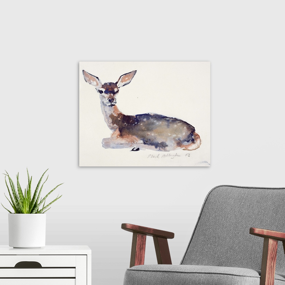 A modern room featuring Contemporary wildlife painting of a young deer resting.