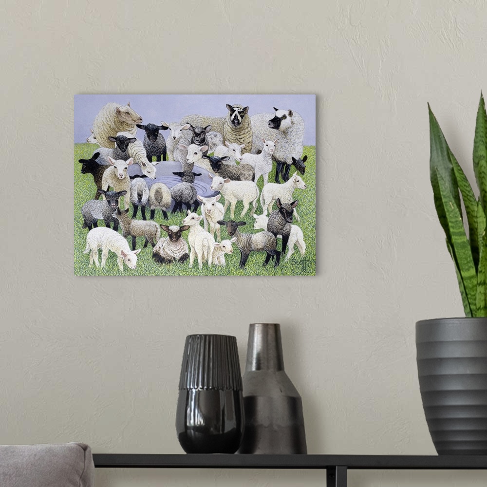 A modern room featuring Collection of several sheep of different colors and sizes.