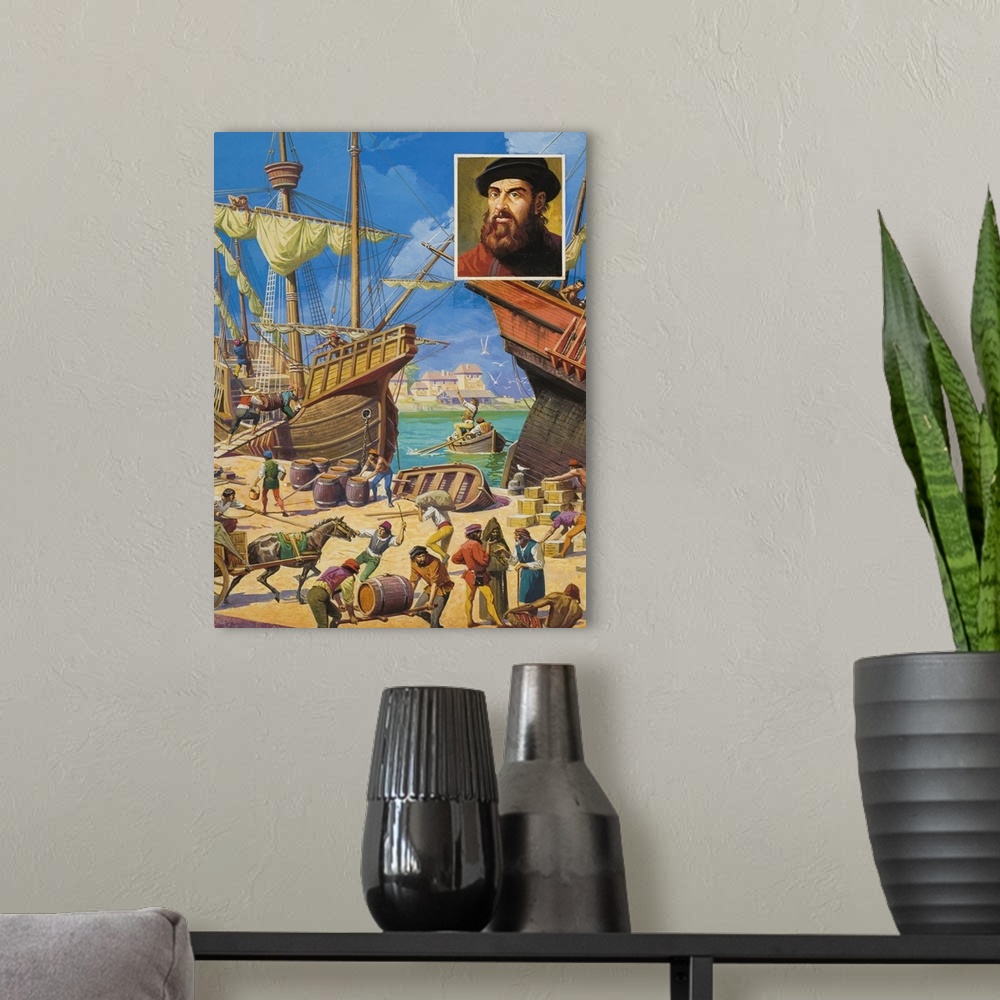A modern room featuring Ferdinand Magellan. After 18 months making repairs to his fleet, Magellan (inset) was at last abl...