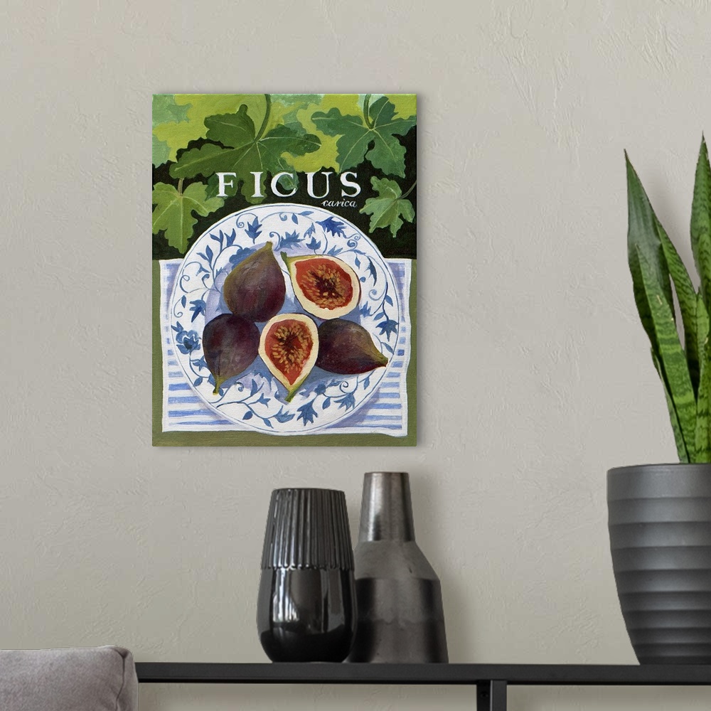 A modern room featuring Contemporary painting of a plate with figs.