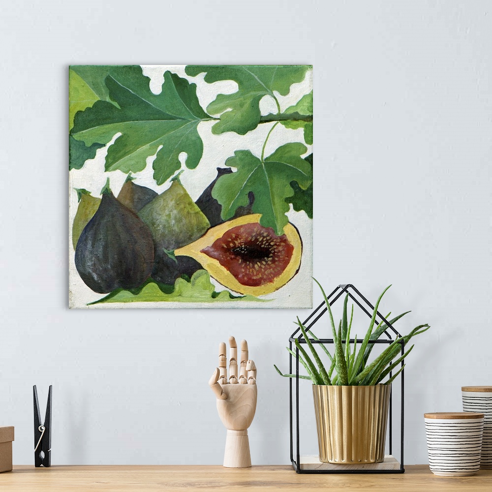 A bohemian room featuring Contemporary painting of a halved fig sitting with other figs.