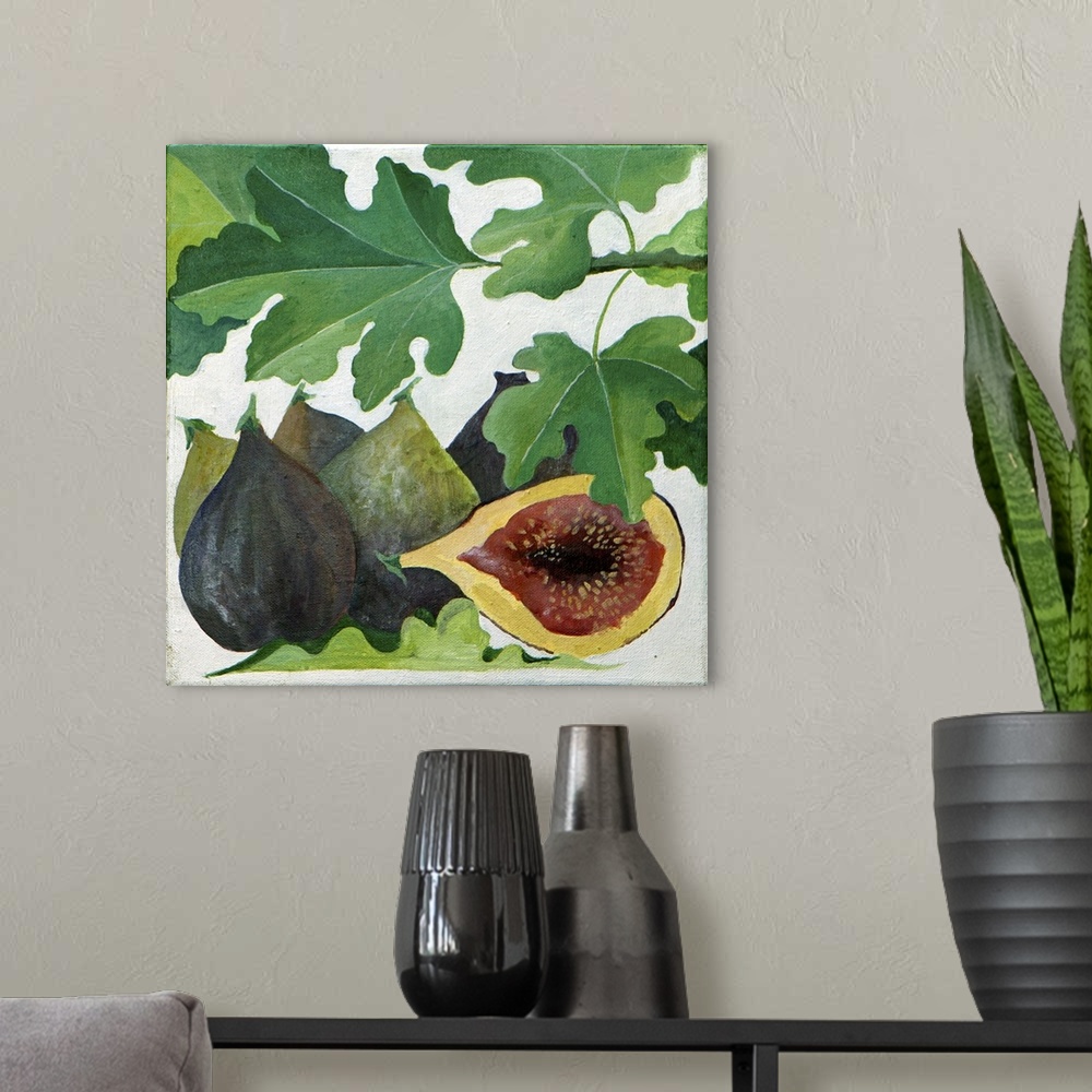 A modern room featuring Contemporary painting of a halved fig sitting with other figs.